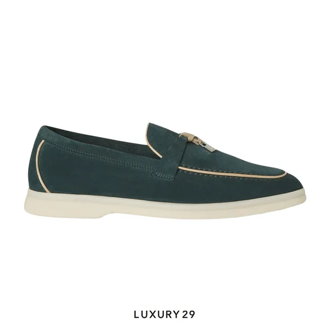 Loro Piana Summer Charms Walk Loafers Suede Goatskin Emerald Noire