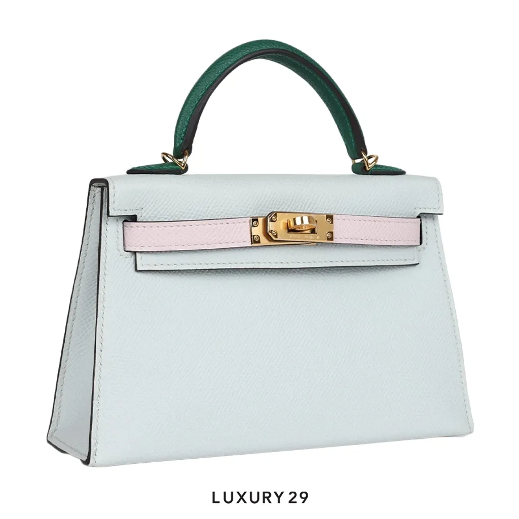 Hermes Kelly Sellier 20 Tri-color Gris Platine, Mauve Pale and Vert Moyen Epsom Gold Hardware(Mini, Grey)