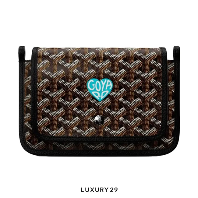 Goyard Plumet Pocket Wallet Black Hand-Painted Heart Sky Blue