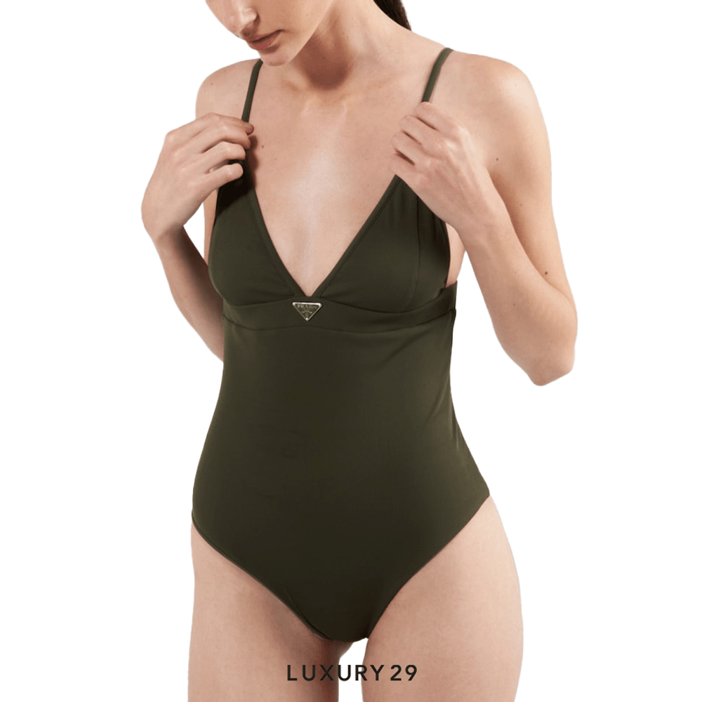 Prada Ribbed knit one-piece swimsuit Camouflage Green(XS, Green)