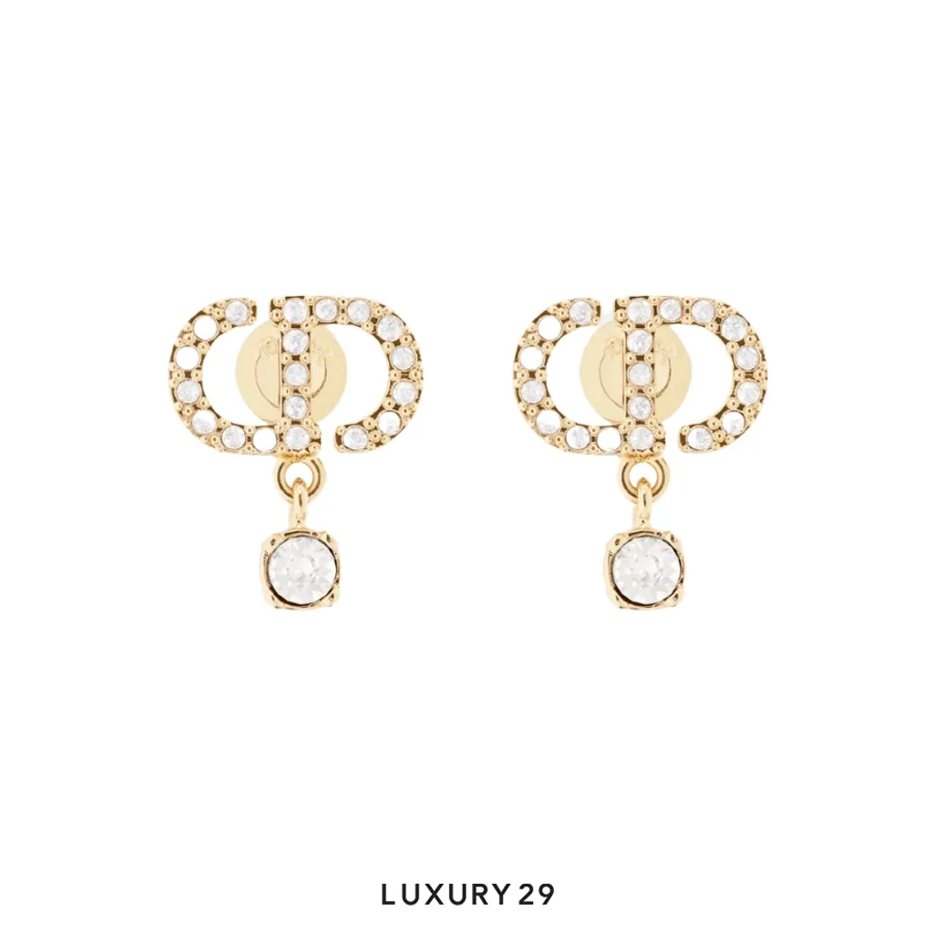 Dior Petit CD Earrings Gold-Finish Metal and White Crystals(Free Size, Gold)