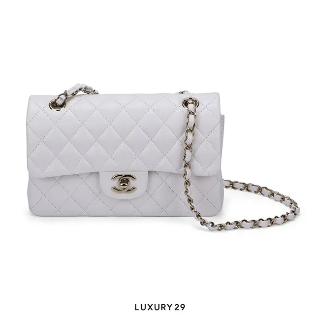 Chanel Small Classic Double Flap Bag White Caviar Light Gold Hardware
