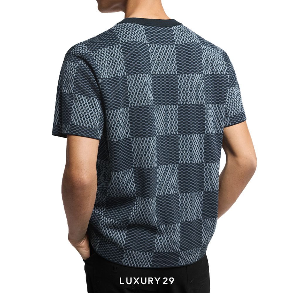 Louis Vuitton LV Damier Short-Sleeved Crewneck With LV Crystal Patch Indigo Blue(M, Blue)