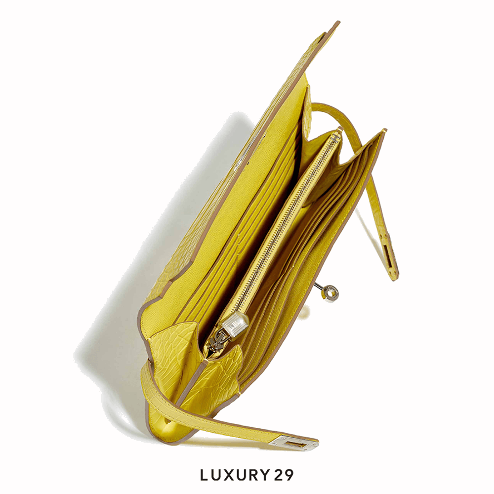 Hermes Matte Alligator Kelly Longue Wallet Mimosa / B Stamp (2023)(Medium, Yellow)