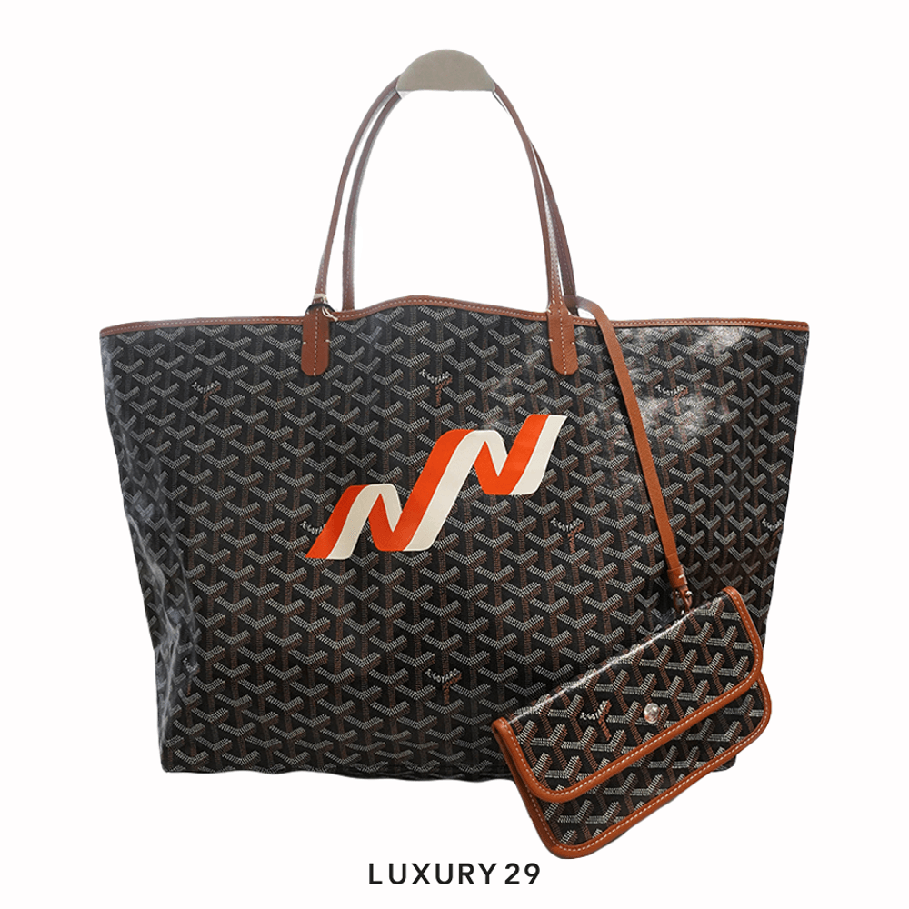 Goyard Saint Louis GM Bag Black & Tan Hand-Painted Banniere Orange White(Large, Brown)