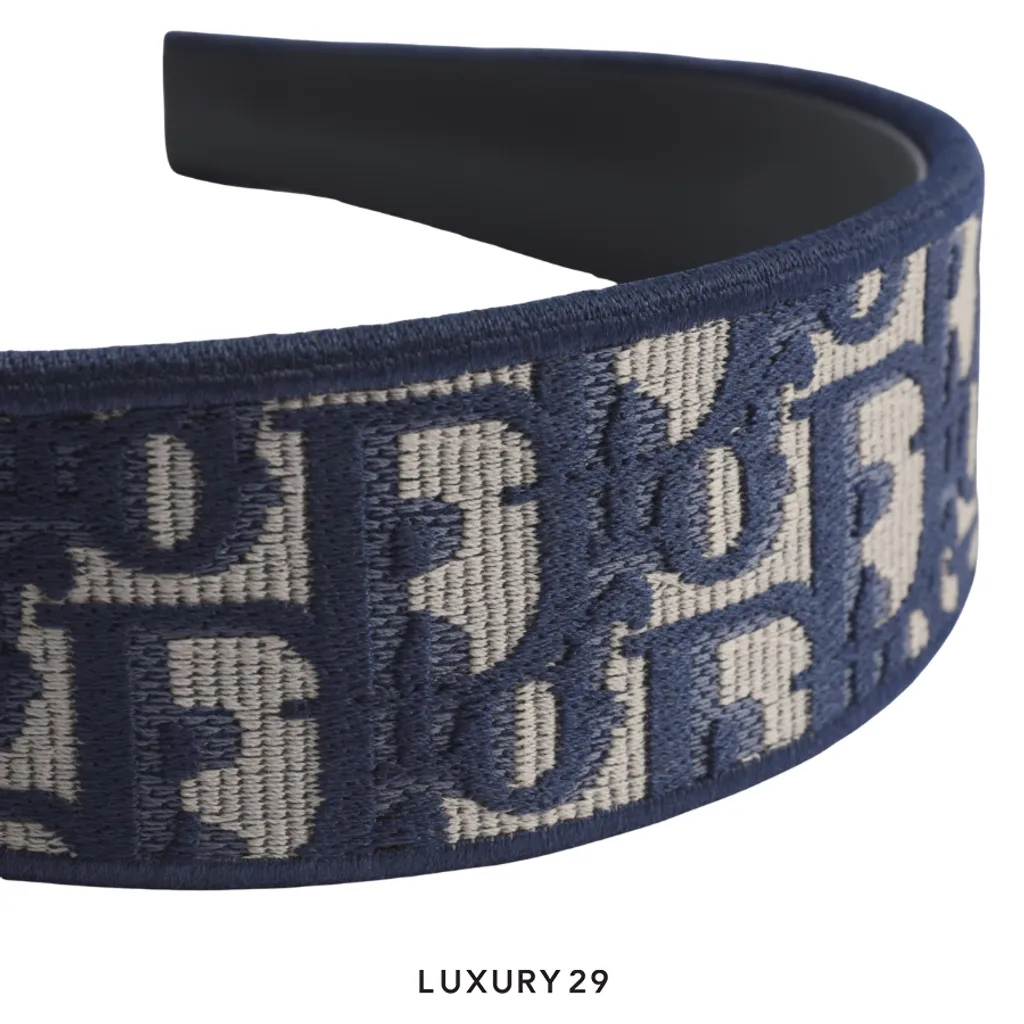 Dior Oblique Dior Band Headband Navy Blue Embroidery(Free Size, Blue)
