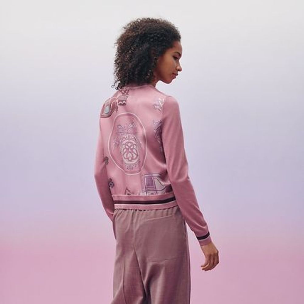 Hermes "Ex-Libris" long-sleeve twillaine cardigan Rose Aphrodite(XS, Pink)