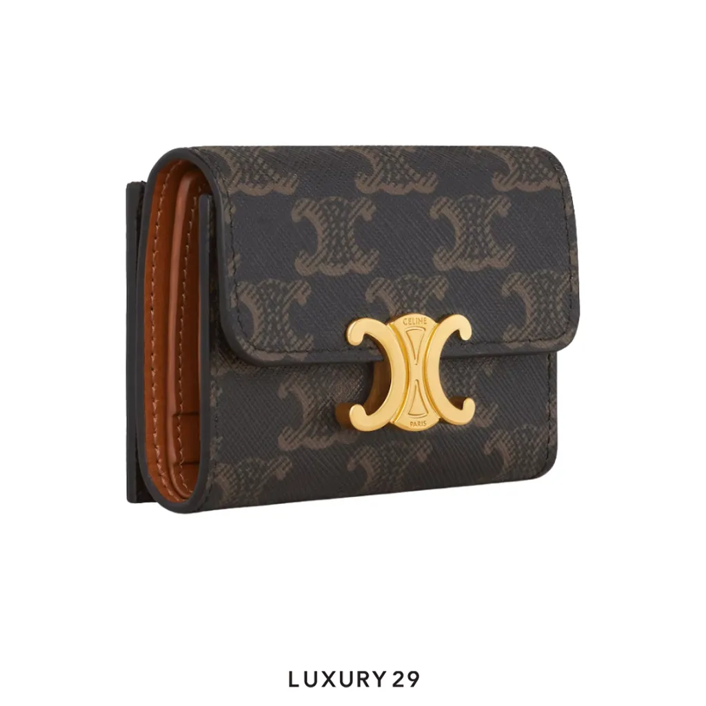 Celine TRIOMPHE wallet with small coin compartment Triomphe canvas Tan(Mini, Brown)