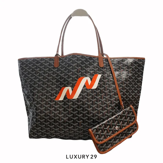 Goyard Saint Louis GM Bag Black & Tan Hand-Painted Banniere Orange White