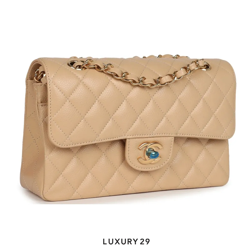 Chanel Medium Classic Double Flap Bag Beige Caviar Gold Hardware(Medium, Neutrals)