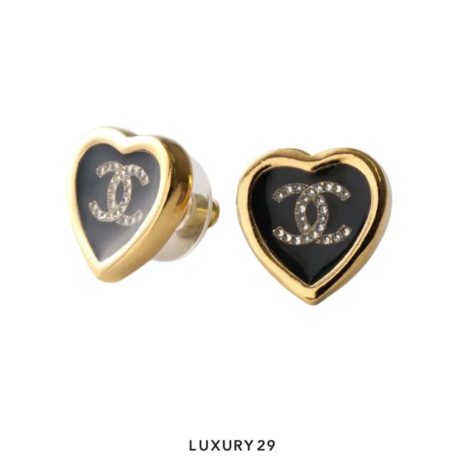 Chanel Heart Heart Black Gold Earrings