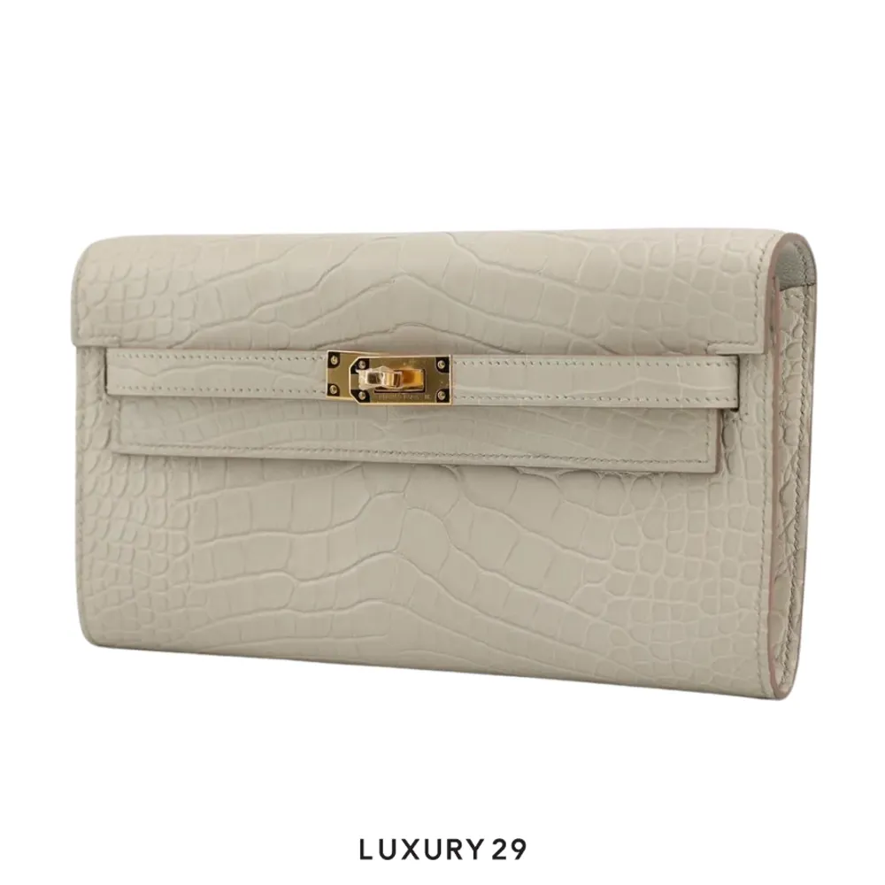 Hermes Kelly Classique To Go wallet Beton Alligator Missi / B Stamp (2023)(Medium, White)