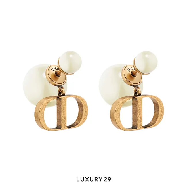 Dior Tribales Earrings Antique Gold-Finish Metal and White Resin Pearls