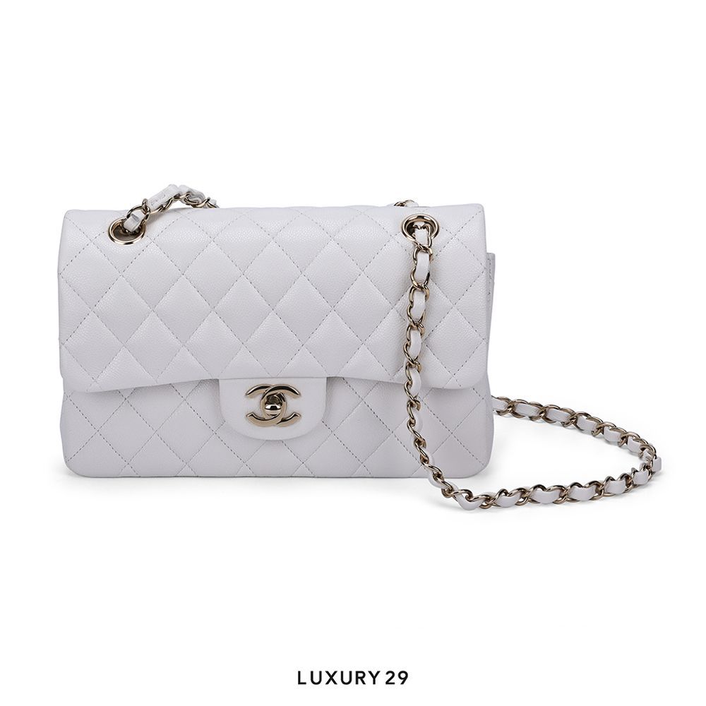 Chanel Small Classic Double Flap Bag White Caviar Light Gold Hardware(Small, White)