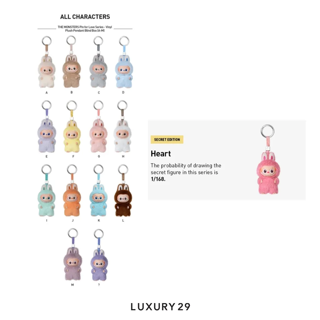 Pop Mart THE MONSTERS - Pin For Love Series Vinyl Plush Pendant Blind Box (A-M) Heart Secret(Small, Pink)