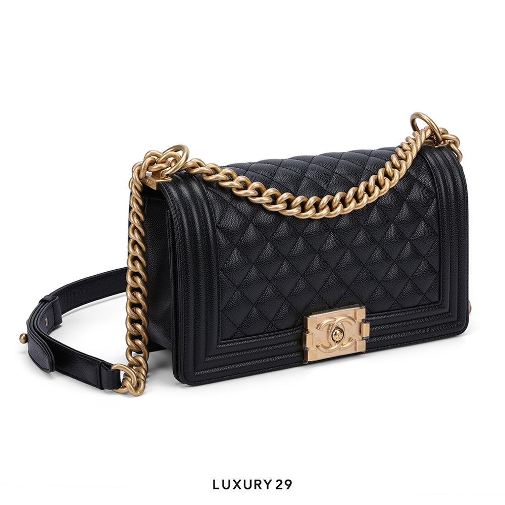 Chanel Old Medium Boy Bag Black Lamskin Gold Hardware(Medium, Black)