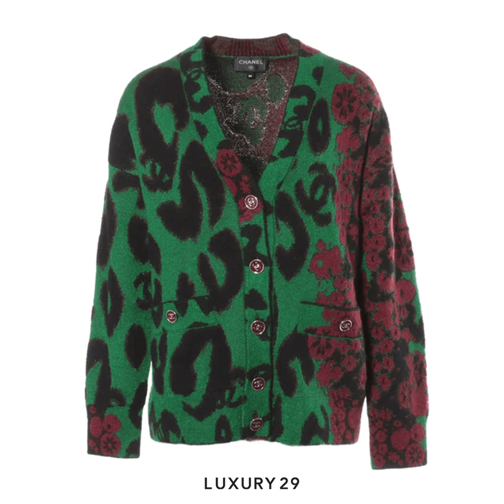 Chanel Cardigan Cashmere & Mohair Green, Black & Burgundy Chanel Cardigan Cashmere & Mohair Green, Black & Burgundy
