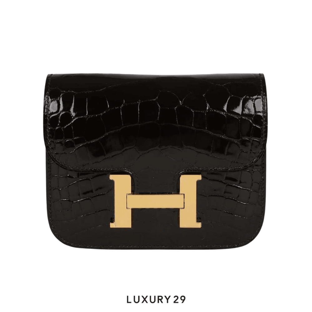 Hermes Constance Slim Wallet Shiny Black Alligator Gold Hardware / B Stamp (2023)(Small, Black)