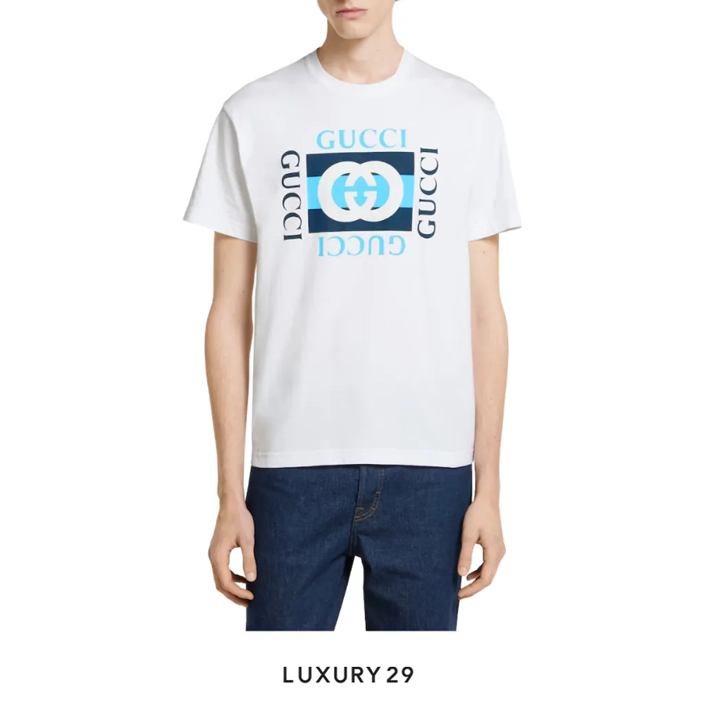 Gucci Printed cotton jersey T-shirt Gucci Interlocking G striped print White/Blue(M, White)
