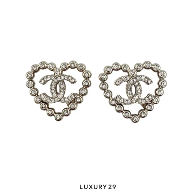 Chanel Crystal and Gold Metal CC Heart Earrings 25P