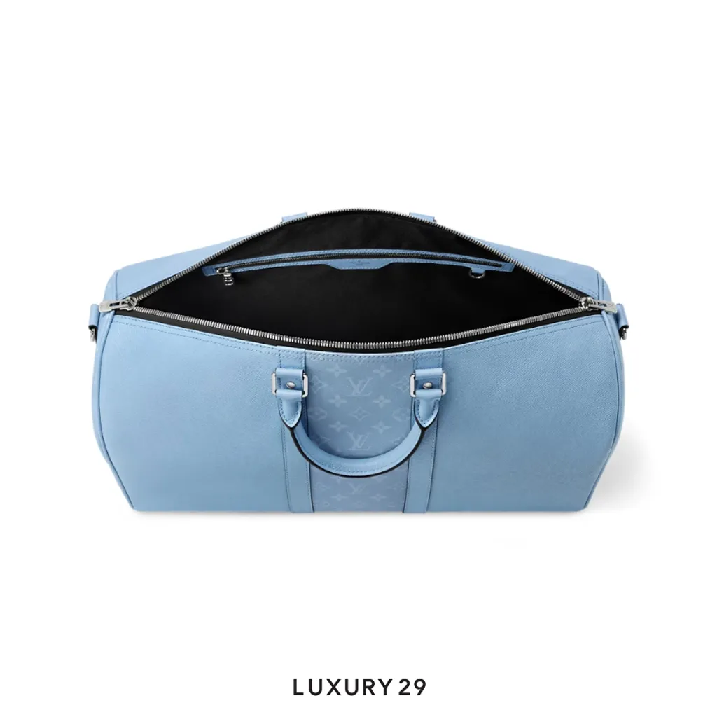 Louis Vuitton LV Keepall Bandouliere 50 Monogram coated canvas and Taiga cowhide leather Sky blue(Medium, Blue)