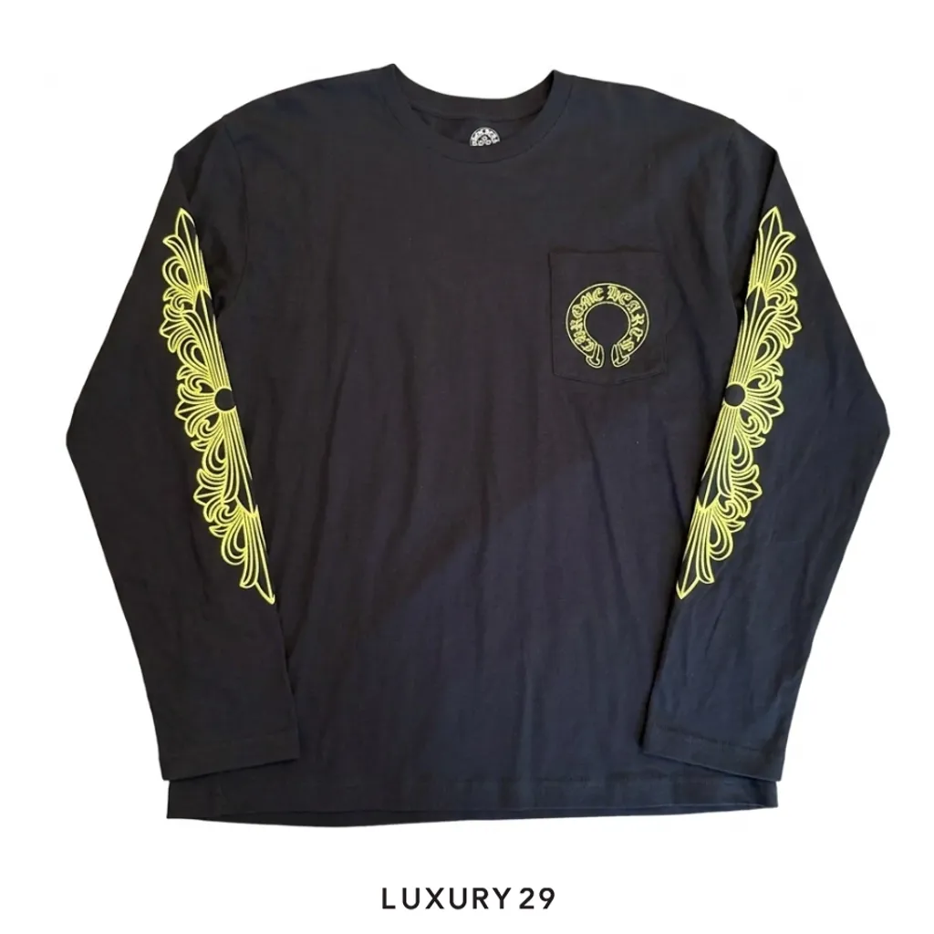 Chrome Hearts Neon Yellow Horseshoe Pocket  Long Sleeve T-Shirt Black(S, Black)