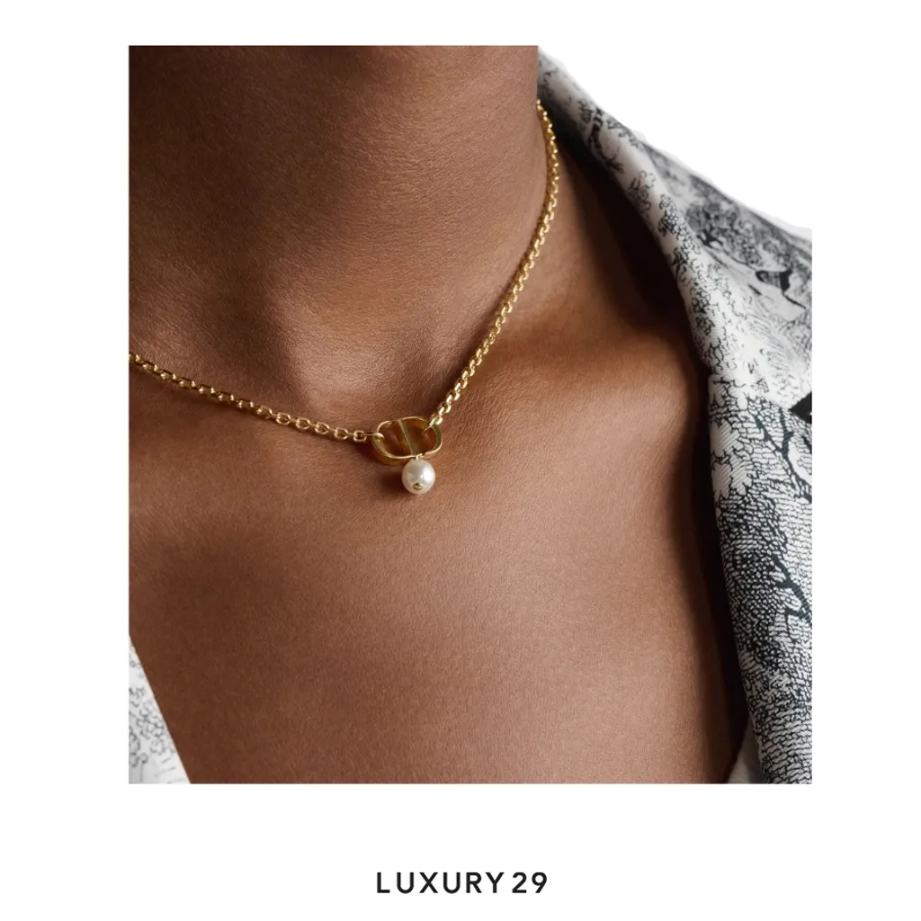 Dior Petit CD Necklace Gold-Finish Metal and White Resin Pearl(Free Size, Gold)