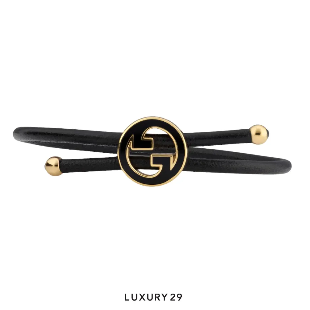 Gucci GG Bracelet with enamel Round Interlocking G black leather(Free Size, Black)