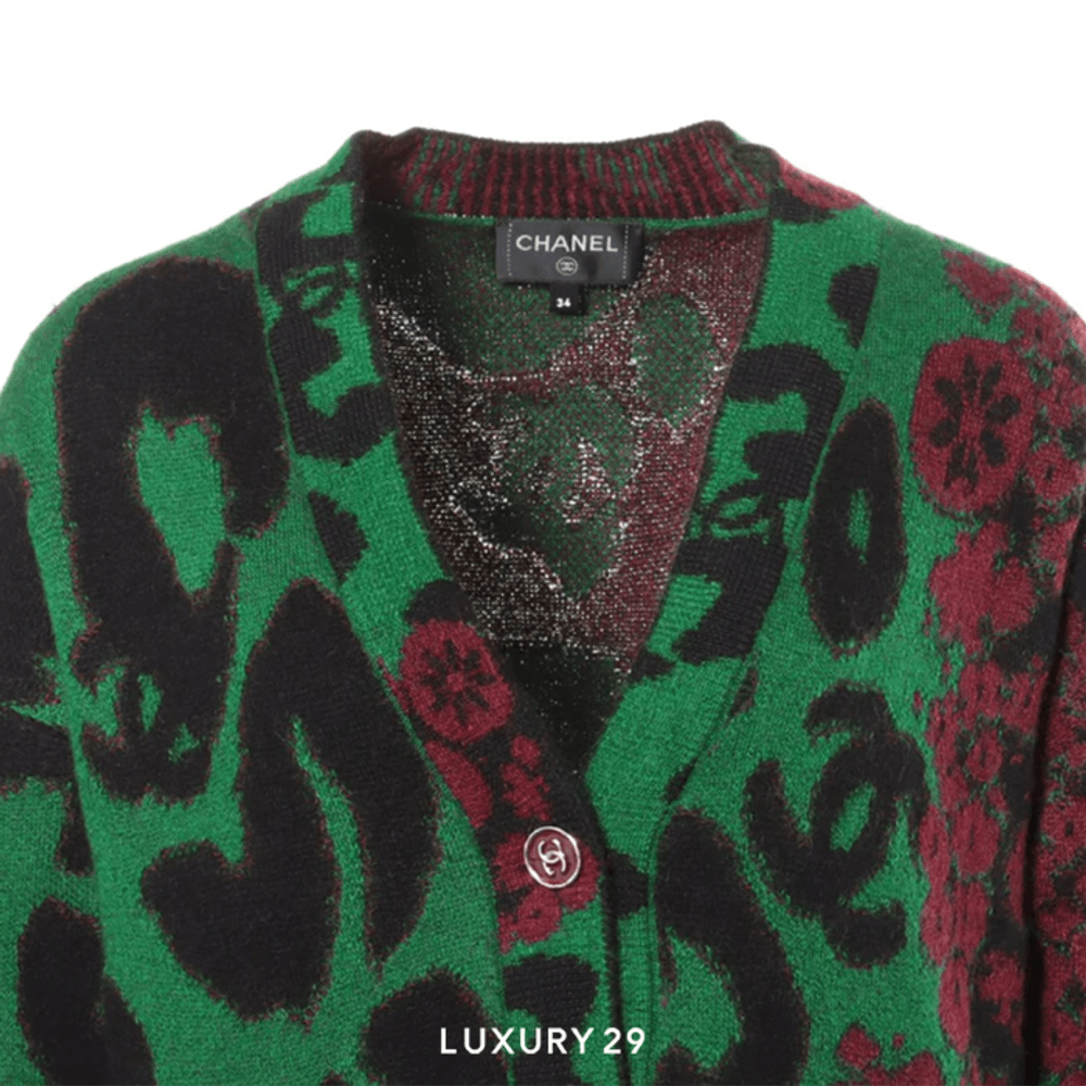 Chanel Cardigan Cashmere & Mohair Green, Black & Burgundy(M, Green)
