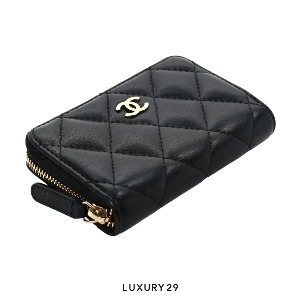 Chanel Lambskin Quilted Zip Coin Purse Black Gold Tone(Small, Black)