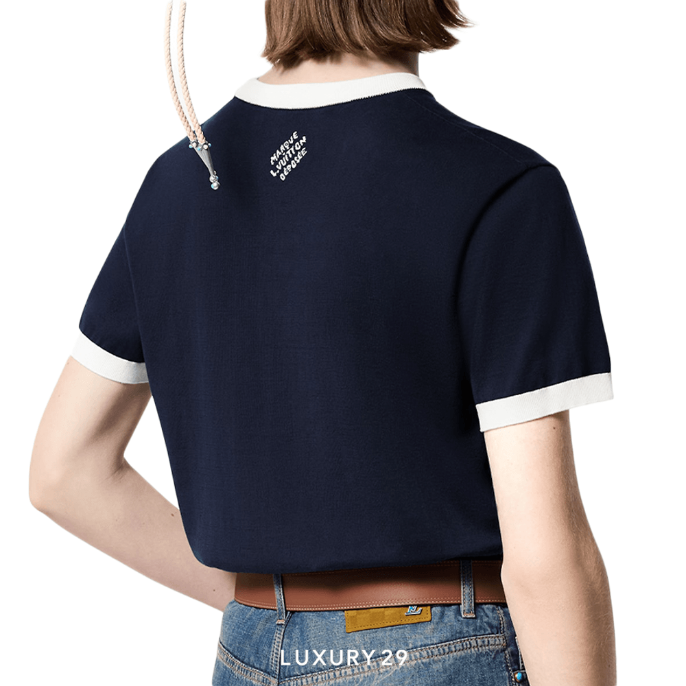 Louis Vuitton LV Graphic Intarsia Short-Sleeved Cotton Crewneck(M, Blue)