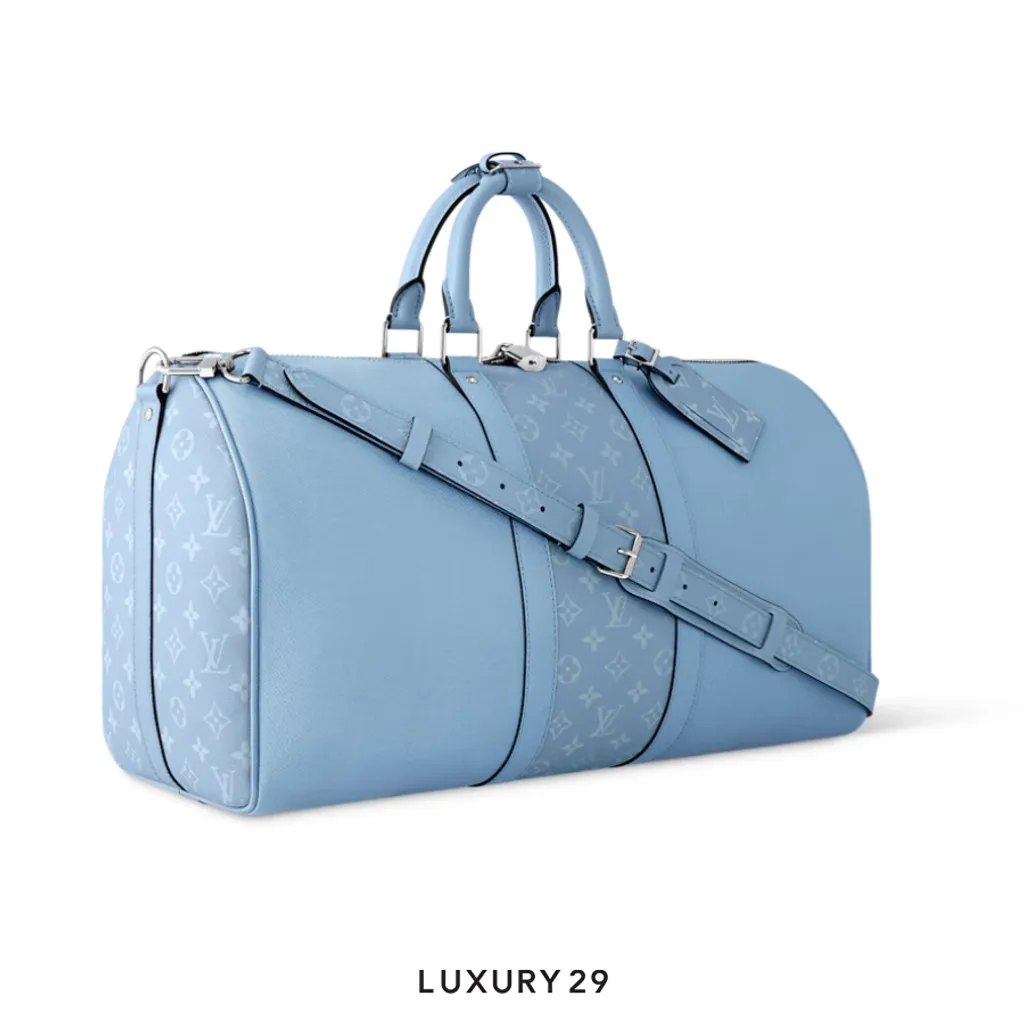 Louis Vuitton LV Keepall Bandouliere 50 Monogram coated canvas and Taiga cowhide leather Sky blue(Medium, Blue)