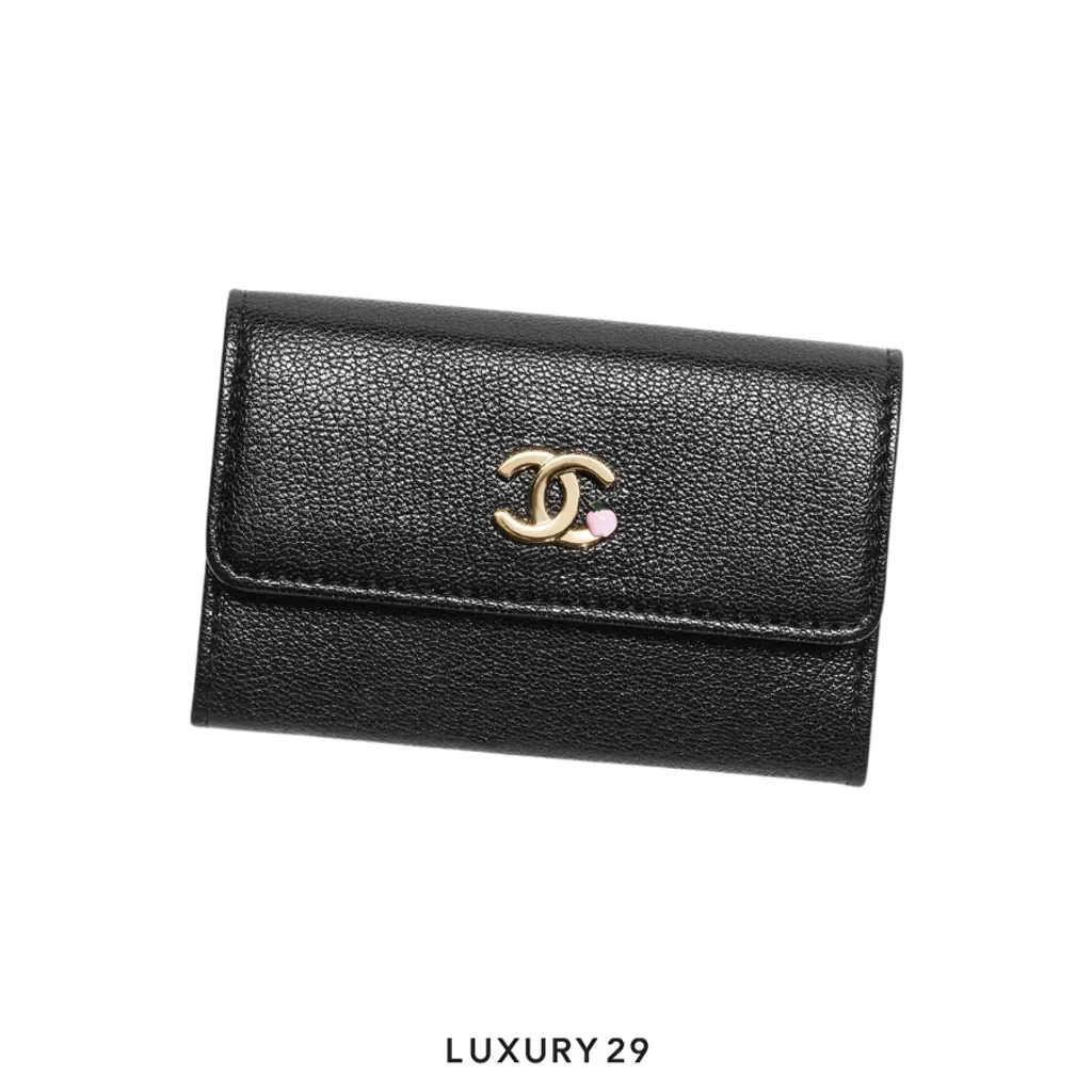 Chanel Card holder Grained goatskin leather enamel and gold-colored metal black(Small, Black)