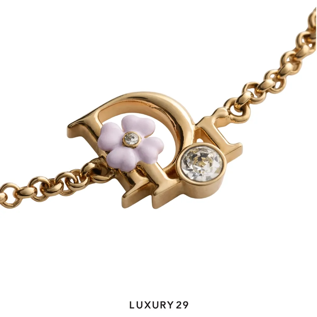 Dior Precious Clover Bracelet Gold-plated metal, crystals, and pink enamel(Free Size, Gold)