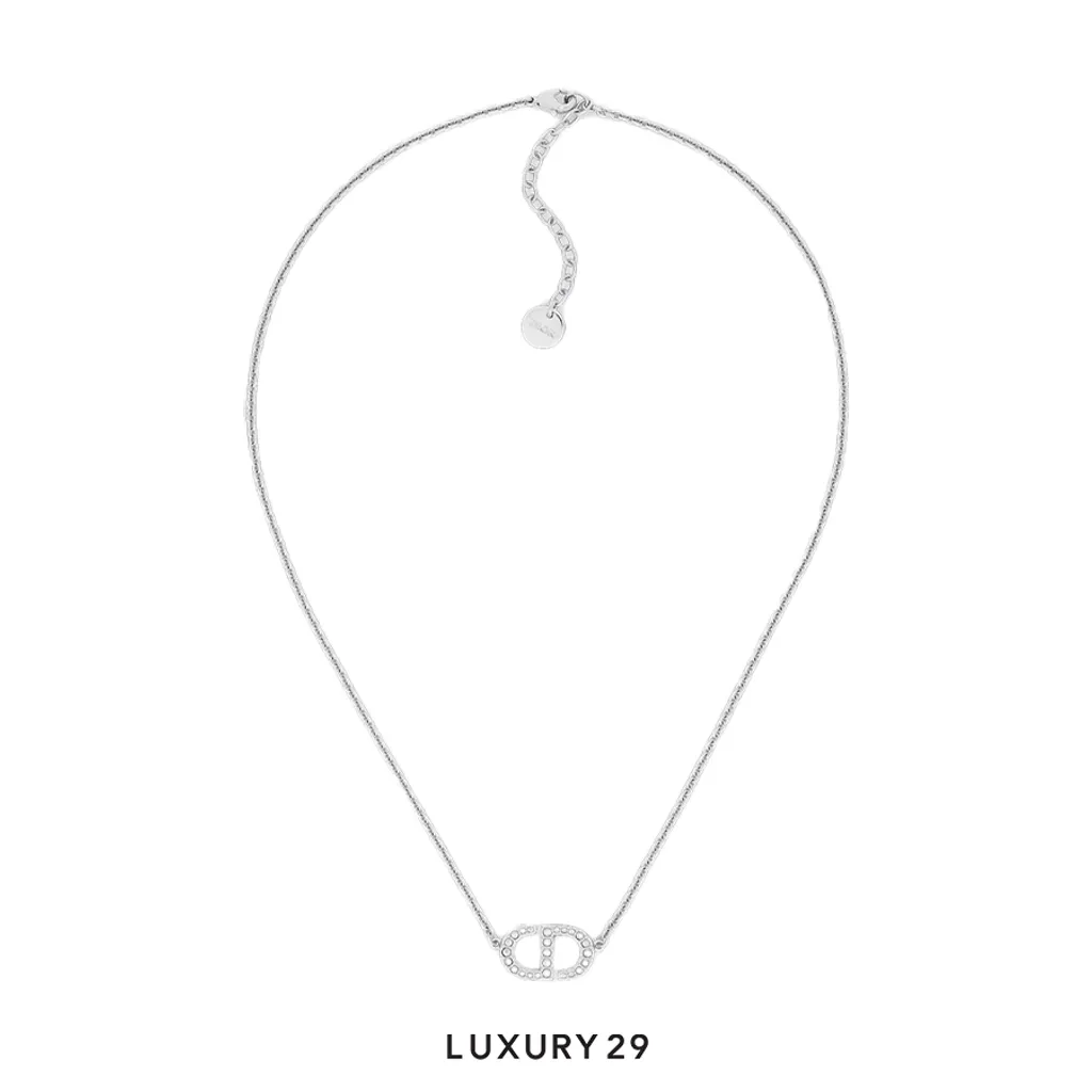 Dior Petit CD Necklace Silver-Finish Metal and White Crystals(Free Size, Silver)