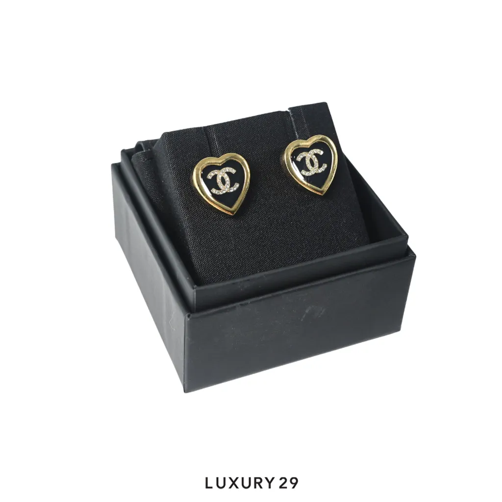 Chanel Heart Heart Black Gold Earrings(Free Size, Gold)
