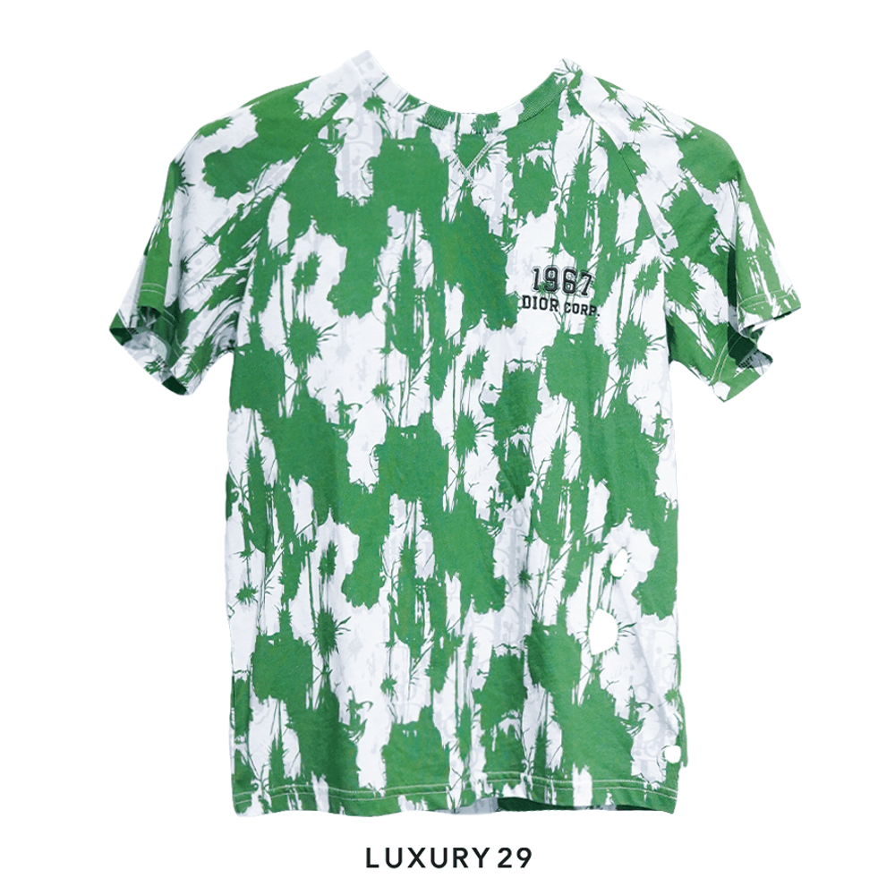Kid Dior T-shirt Green and White Camouflage Printed Cotton