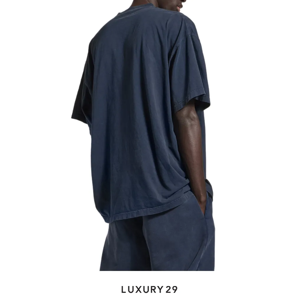 Balenciaga Men's Luxury Script Oversized T-shirt in Washed Navy/white(S, Blue)