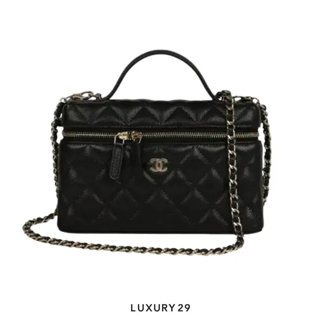 Chanel Top Handle Long Vanity Case with Chain Black Shiny Caviar with Gold-toned Hardware