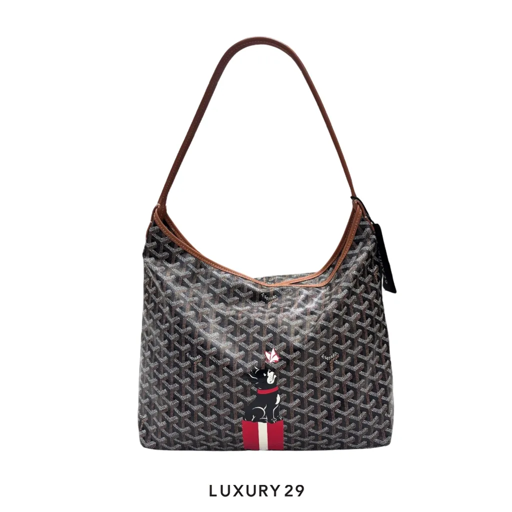 Goyard Boheme Hobo Bag Black & Tan Hand-Painted France Bulldog With Butterfly Red(Small, Brown)