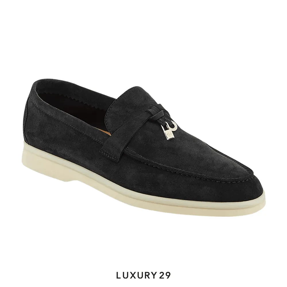 Loro Piana Summer Charms Walk Loafers Suede Goatskin Caviar(39.5, Black)