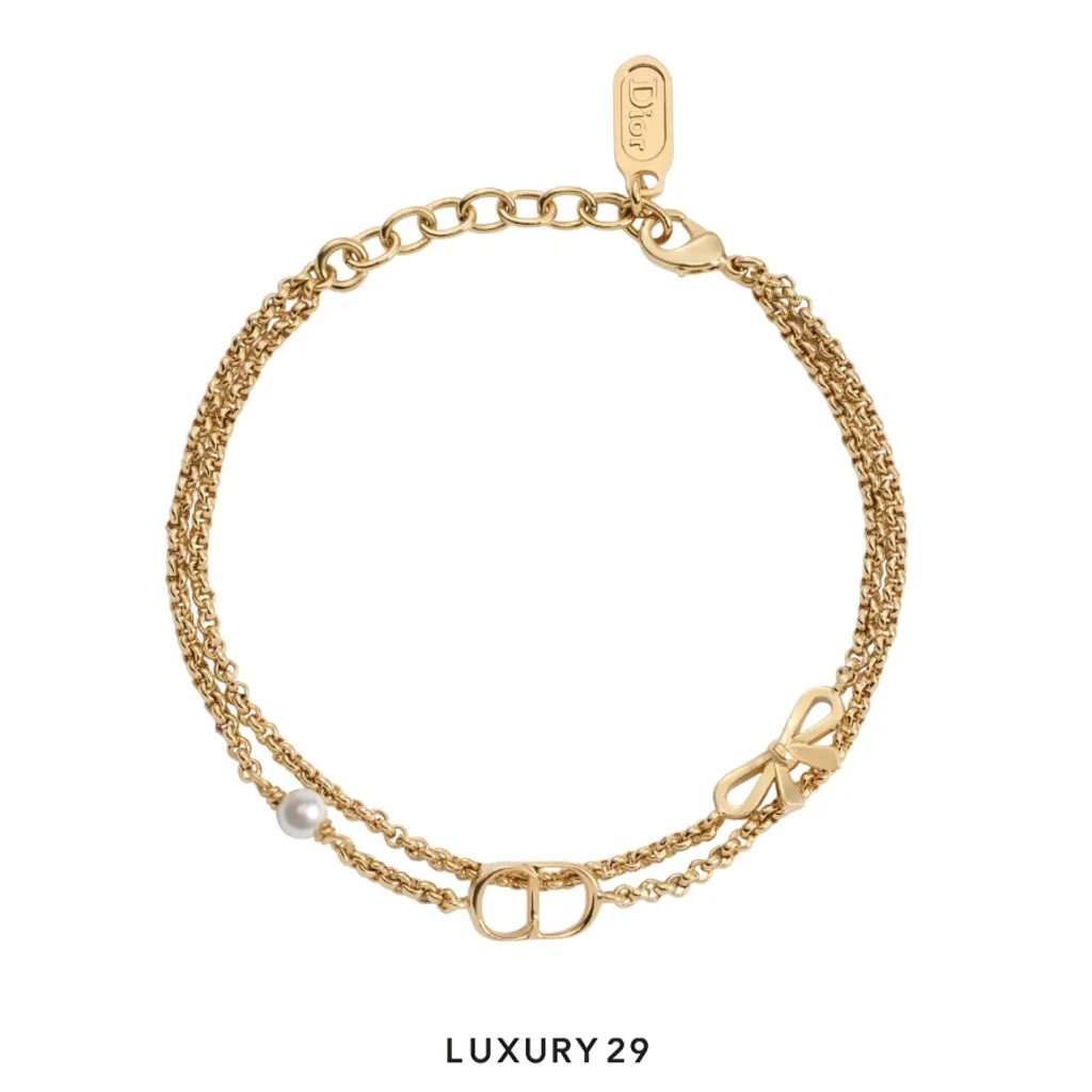 Dior CD Mini Bow Bracelet Gold-Finish Metal and White Resin Pearl(Free Size, Gold)