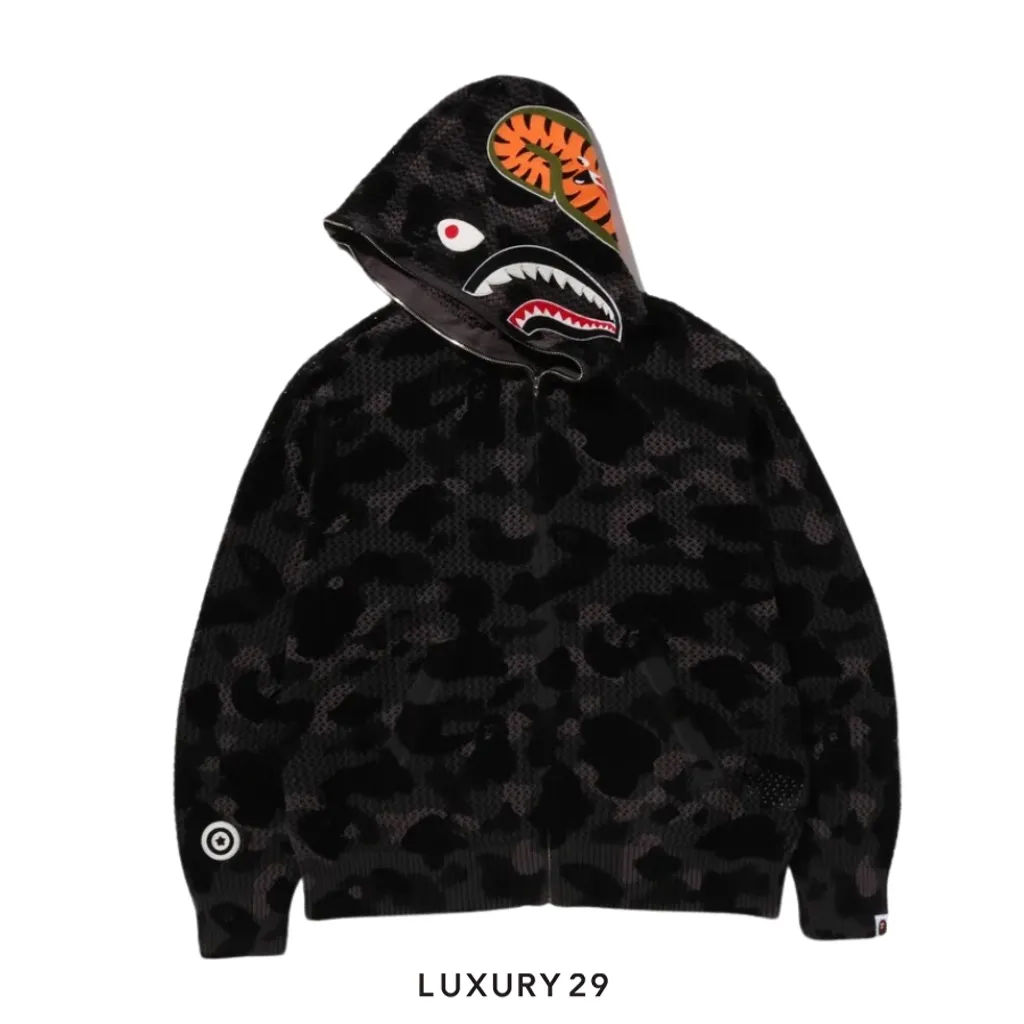 A Bathing Ape COLOR CAMO CROCHET RELAXED FIT SHARK FULL ZIP HOODIE Black(XL, Black)