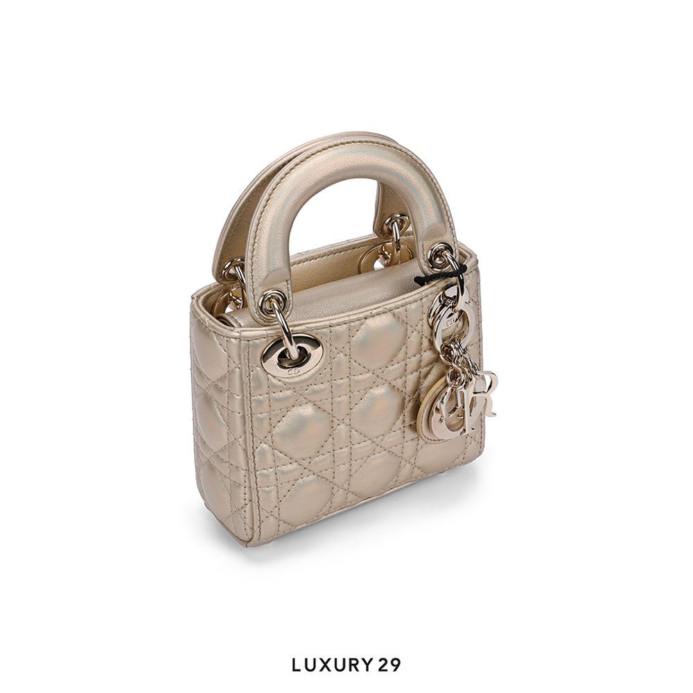 Dior Or Lady Dior Micro Bag Iridescent Metallic Gold-Tone Cannage Lambskin(Mini, Gold)