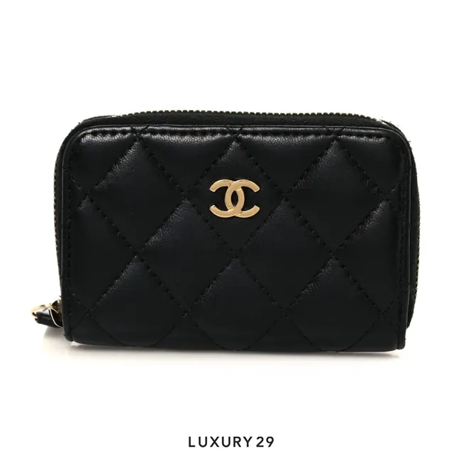Chanel Lambskin Quilted Zip Coin Purse Black Gold Tone