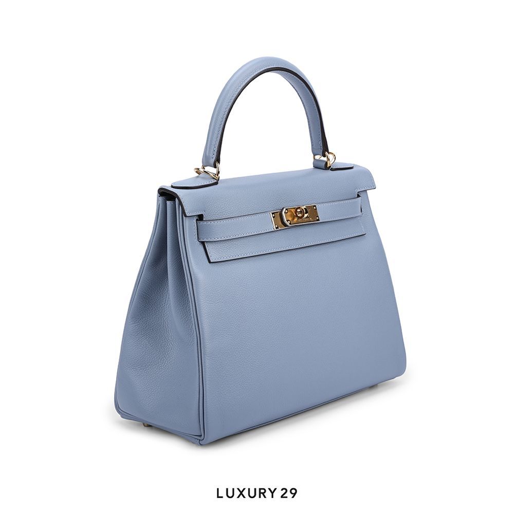 Hermes Kelly Retourne 28 Bleu Brume Epsom Gold Hardware / U Stamp(Medium, Blue)