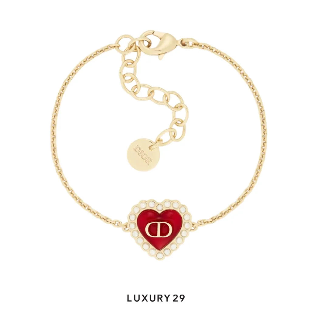 Dior Petit CD Baroque Bracelet Gold-Finish Metal with White Resin Pearls and Red Glass(Free Size, Gold)