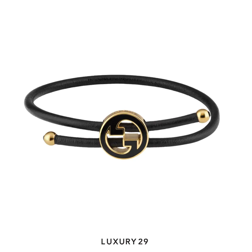Gucci GG Bracelet with enamel Round Interlocking G black leather(Free Size, Black)