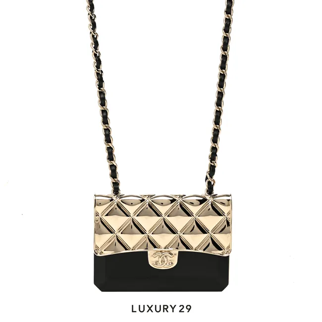 Chanel Metal Resin Lambskin Flap Bag Long Necklace Gold Black