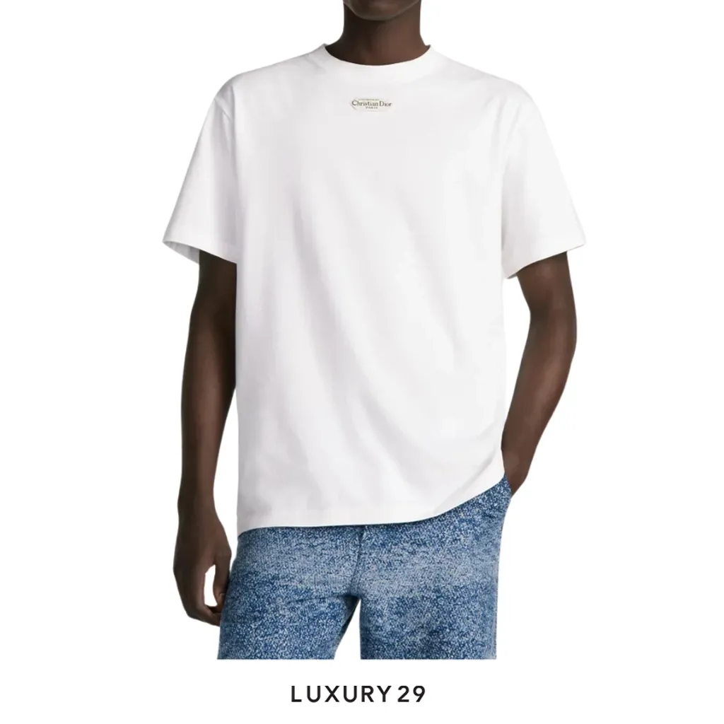 Dior T-Shirt with Christian Dior Paris Tag Relaxed Fit Shiny White Cotton Jersey(L, White)